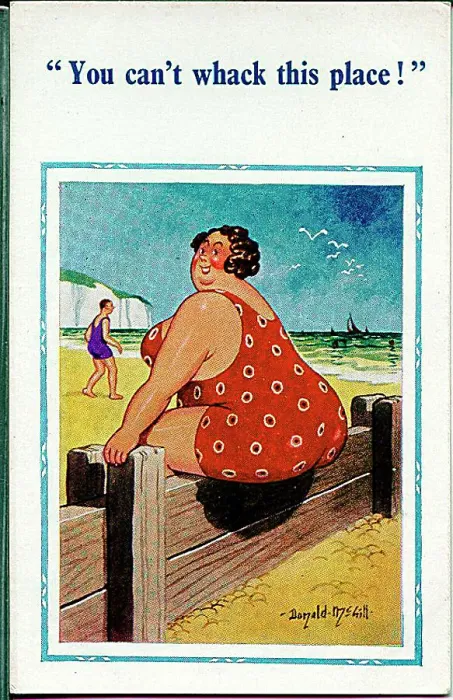 : Comic postcard, Large woman at the seaside, sitting on a breaker Date: 20th century : Comic postcard, Large woman at the seaside, sitting on a breaker Date: 20th century