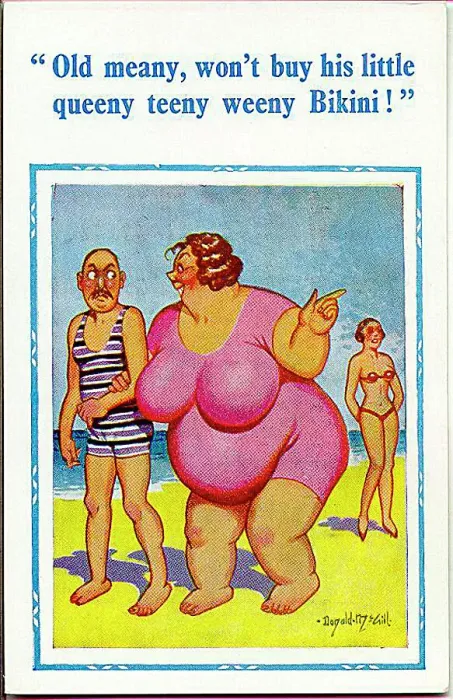: Comic postcard, Large woman at seaside wants a bikini Date: 20th century : Comic postcard, Large woman at seaside wants a bikini Date: 20th century
