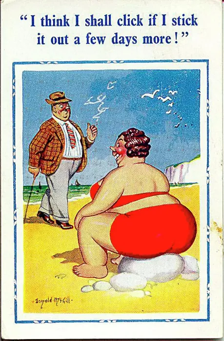 : Comic postcard, Large woman sitting on a rock at the seaside, hoping to click with someone Date: 20th century : Comic postcard, Large woman sitting on a rock at the seaside, hoping to click with someone Date: 20th century