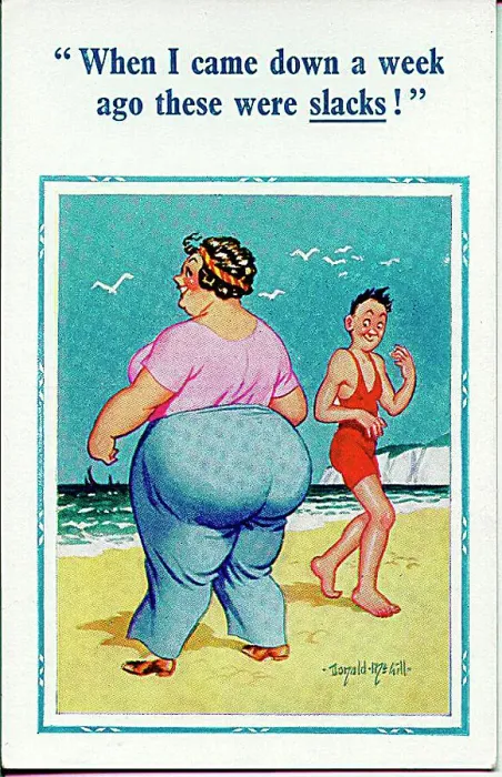 : Comic postcard, Large woman in slacks at the seaside Date: 20th century : Comic postcard, Large woman in slacks at the seaside Date: 20th century