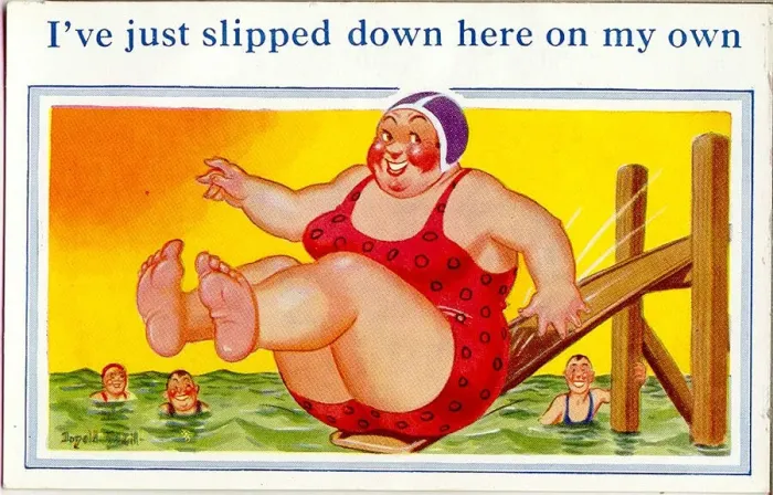 Framed Print : Comic postcard, Large woman sliding into the sea Framed Print : Comic postcard, Large woman sliding into the sea