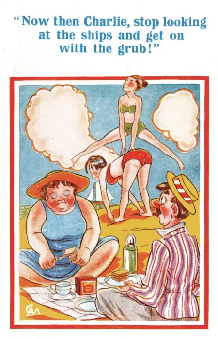 Framed Print : Comic postcard, Leapfrogging on the beach, middle-aged couple picnicking Date
