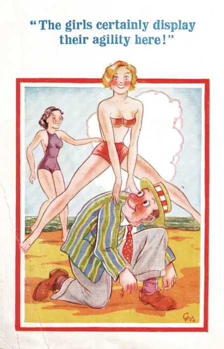 Framed Print : Comic postcard, Leapfrogging on the beach Date: 20th century Framed Print : Comic postcard, Leapfrogging on the beach Date: 20th century