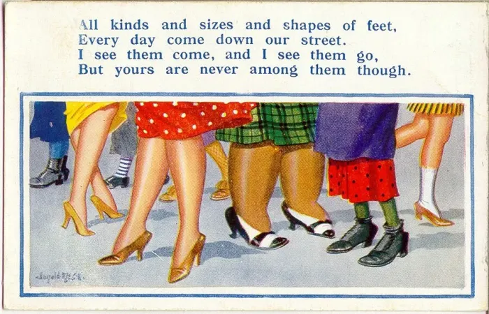Framed Print : Comic postcard, Legs and feet in the street Date: 20th century Framed Print : Comic postcard, Legs and feet in the street Date: 20th century