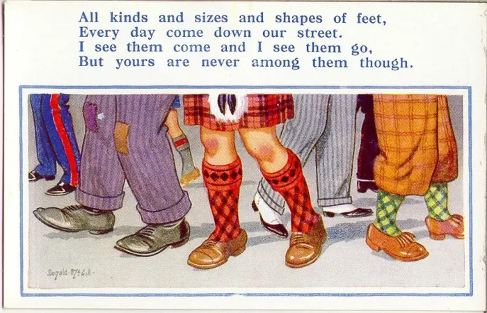 Framed Print : Comic postcard, Legs and feet in the street Date: 20th century Framed Print : Comic postcard, Legs and feet in the street Date: 20th century