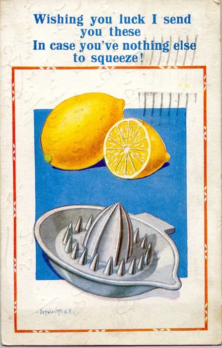 Framed Print : Comic postcard, Lemons and squeezer Date: 20th century Framed Print : Comic postcard, Lemons and squeezer Date: 20th century