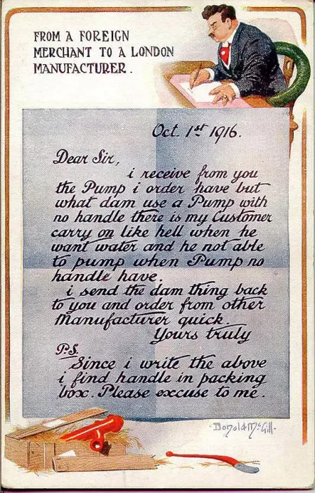 Framed Print : Comic postcard, letter of complaint from overseas customer - the missing handle which isn't missing. Date: 1916 Framed Print : Comic postcard, letter of complaint from overseas customer - the missing handle which isn't missing. Date: 1916