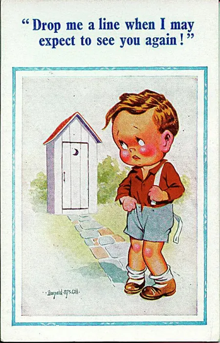 : Comic postcard, Little boy approaches outdoor toilet Date: 20th century : Comic postcard, Little boy approaches outdoor toilet Date: 20th century