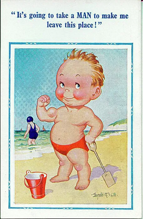 : Comic postcard, Little boy on the beach with bucket and spade Date: 20th century : Comic postcard, Little boy on the beach with bucket and spade Date: 20th century