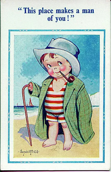  : Comic postcard, Little boy on the beach in hat and coat Date: 20th century