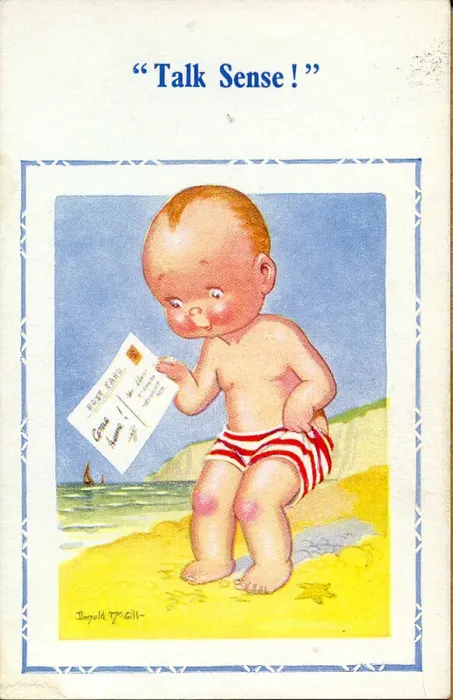 Framed Print : Comic postcard, Little boy with card on the beach Framed Print : Comic postcard, Little boy with card on the beach
