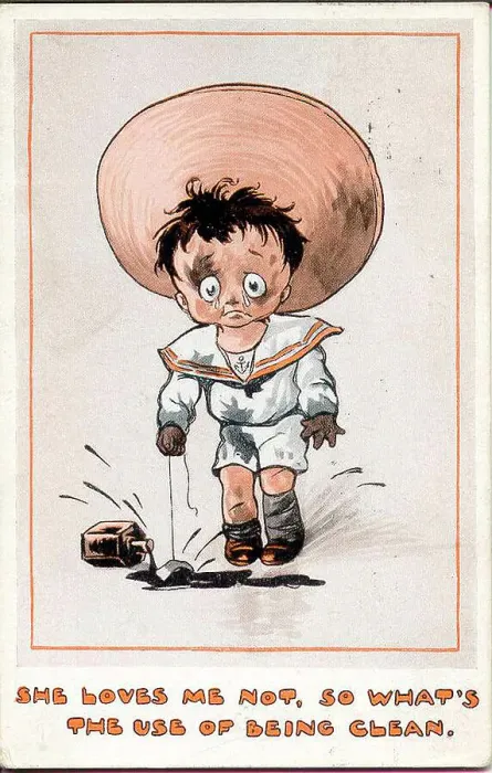 Framed Print : Comic postcard, Little boy covered in ink - She loves me not, so what's the use of being clean. Date: early 20th century Framed Print : Comic postcard, Little boy covered in ink - She loves me not, so what's the use of being clean. Date: early 20th century