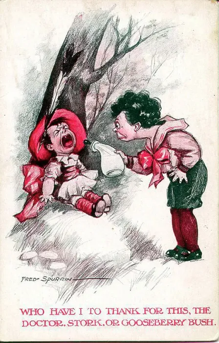 Framed Print : Comic postcard, Little boy and crying baby - Who have I to thank for this, the doctor, stork, or gooseberry bush. Date: early 20th century Framed Print : Comic postcard, Little boy and crying baby - Who have I to thank for this, the doctor, stork, or gooseberry bush. Date: early 20th century