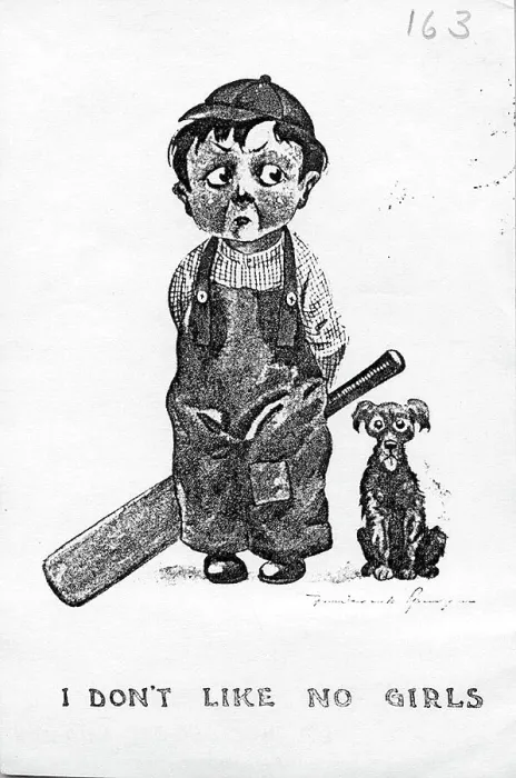 Framed Print : Comic postcard, Little boy and dog - I don't like no girls Date: early 20th century Framed Print : Comic postcard, Little boy and dog - I don't like no girls Date: early 20th century