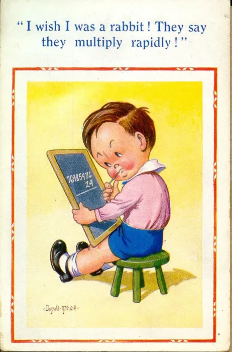 Framed Print : Comic postcard, Little boy doing multiplication Date: 20th century Framed Print : Comic postcard, Little boy doing multiplication Date: 20th century