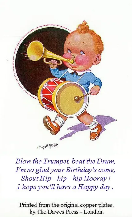 Framed Print : Comic postcard, Little boy with drum and trumpet, with birthday greeting. Date: 20th century Framed Print : Comic postcard, Little boy with drum and trumpet, with birthday greeting. Date: 20th century