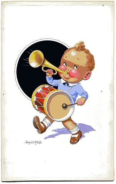 Comic postcard, Little boy with drum and trumpet Date: 20th century
