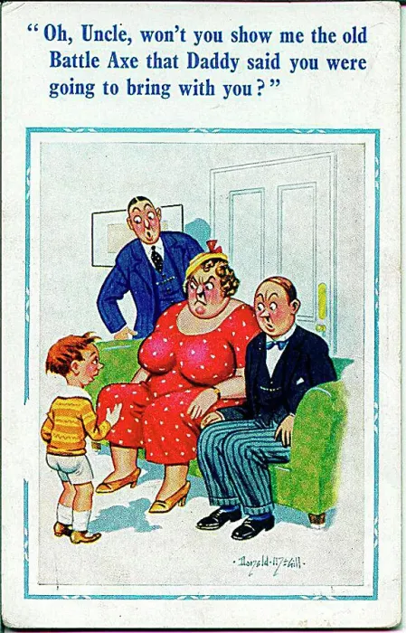 : Comic postcard, Little boy embarrasses family Date: 20th century : Comic postcard, Little boy embarrasses family Date: 20th century