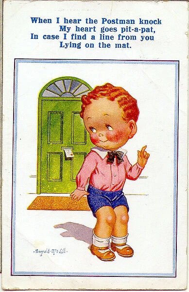 Comic postcard, Little boy expecting a letter from someone special Date: 20th century