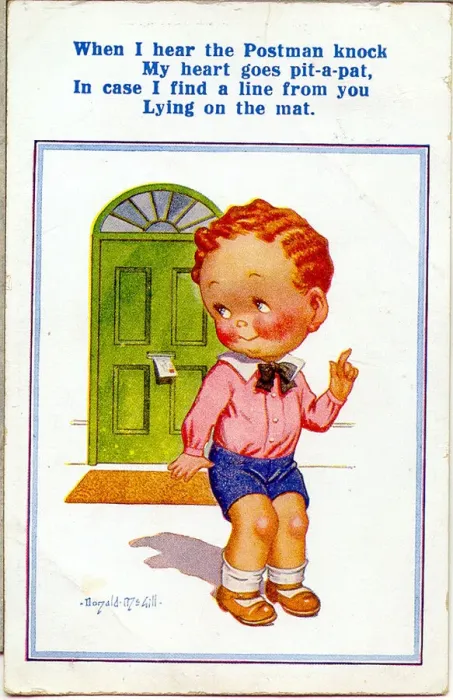Framed Print : Comic postcard, Little boy expecting a letter from someone special Date: 20th century Framed Print : Comic postcard, Little boy expecting a letter from someone special Date: 20th century