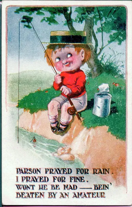Framed Print : Comic postcard, Little boy fishing - fine weather Date: early 20th century Framed Print : Comic postcard, Little boy fishing - fine weather Date: early 20th century