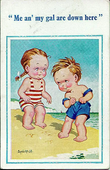 : Comic postcard, Little boy and girl on the beach Date: 20th century : Comic postcard, Little boy and girl on the beach Date: 20th century