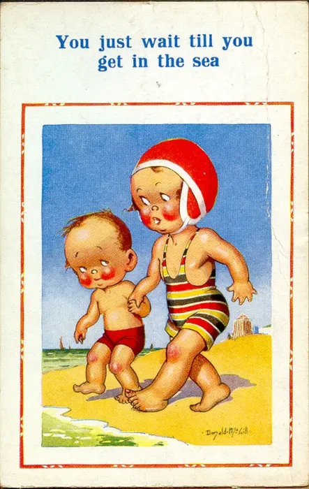 Framed Print : Comic postcard, Little boy and girl on the beach - wait till you get in the sea Date Framed Print : Comic postcard, Little boy and girl on the beach - wait till you get in the sea Date
