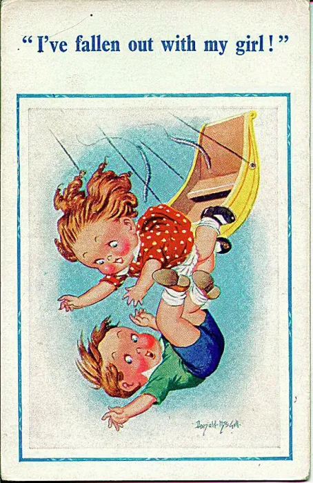 : Comic postcard, Little boy and girl falling out of a fairground ride Date: 20th century : Comic postcard, Little boy and girl falling out of a fairground ride Date: 20th century