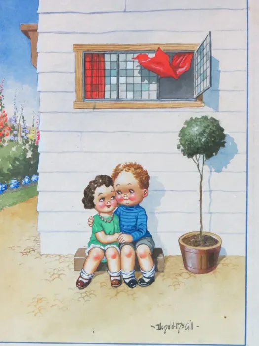 Framed Print : Comic postcard, Little boy and girl in love. Someone I love - loves me Framed Print : Comic postcard, Little boy and girl in love. Someone I love - loves me