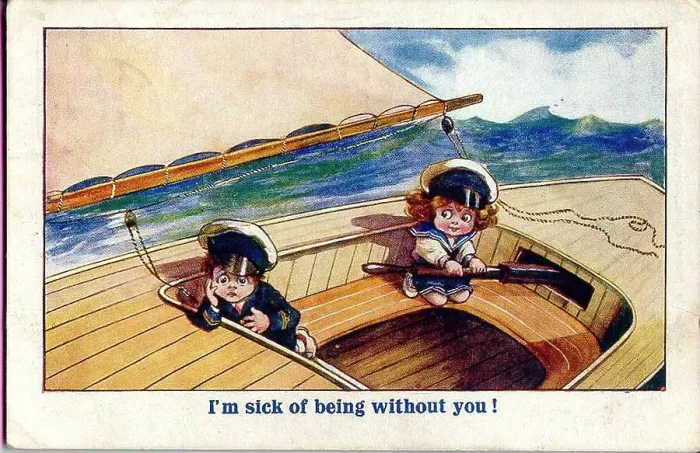 Framed Print : Comic postcard, Little boy and girl on a sailing boat - I'm sick of being without you. Date: early 20th century Framed Print : Comic postcard, Little boy and girl on a sailing boat - I'm sick of being without you. Date: early 20th century