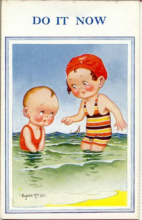 Framed Print : Comic postcard, Little boy and girl in the sea Framed Print : Comic postcard, Little boy and girl in the sea
