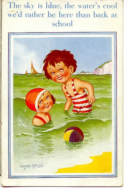 Comic postcard, Little boy and girl in the sea, having a break from school Date