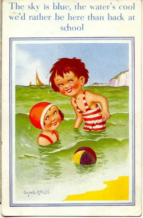Framed Print : Comic postcard, Little boy and girl in the sea, having a break from school Date Framed Print : Comic postcard, Little boy and girl in the sea, having a break from school Date