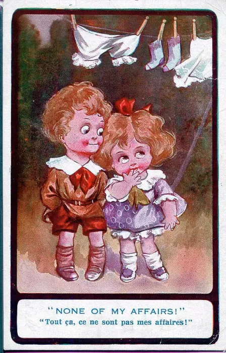 Framed Print : Comic postcard, Little boy and girl under washing line - None of my affairs! Date: early 20th century Framed Print : Comic postcard, Little boy and girl under washing line - None of my affairs! Date: early 20th century