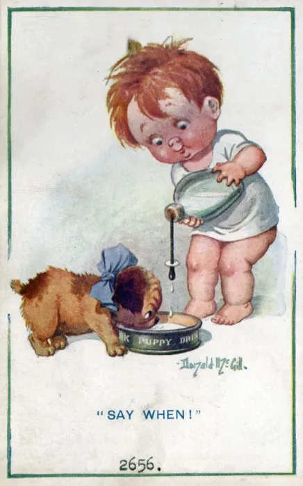 Framed Print : Comic postcard, Little boy giving milk to puppy Framed Print : Comic postcard, Little boy giving milk to puppy