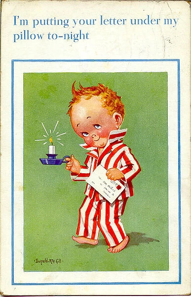 Comic postcard, Little boy going to bed with candle and letter Date: 20th century
