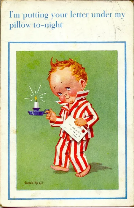 Framed Print : Comic postcard, Little boy going to bed with candle and letter Date: 20th century Framed Print : Comic postcard, Little boy going to bed with candle and letter Date: 20th century