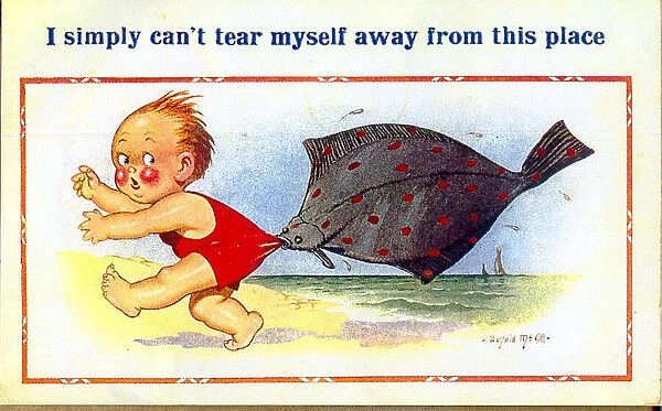Comic postcard, Little boy held by fish on the beach