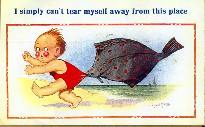 Framed Print : Comic postcard, Little boy held by fish on the beach Framed Print : Comic postcard, Little boy held by fish on the beach