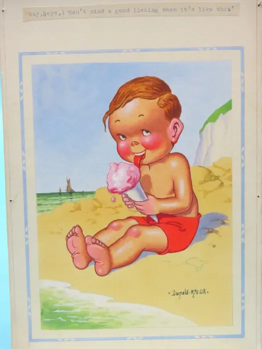 Framed Print : Comic postcard, Little boy with ice cream on the beach Framed Print : Comic postcard, Little boy with ice cream on the beach