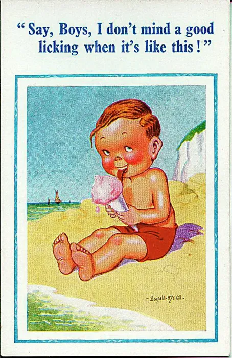 : Comic postcard, Little boy with ice cream on the beach Date: 20th century : Comic postcard, Little boy with ice cream on the beach Date: 20th century