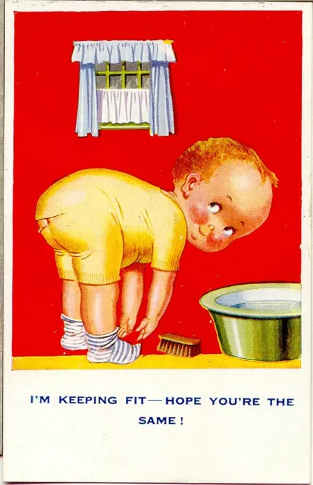 Framed Print : Comic postcard, Little boy keeping fit Date: 20th century Framed Print : Comic postcard, Little boy keeping fit Date: 20th century