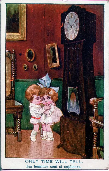 Framed Print : Comic postcard, Little boy kissing little girl - Only time will tell. Date: early 20th century Framed Print : Comic postcard, Little boy kissing little girl - Only time will tell. Date: early 20th century