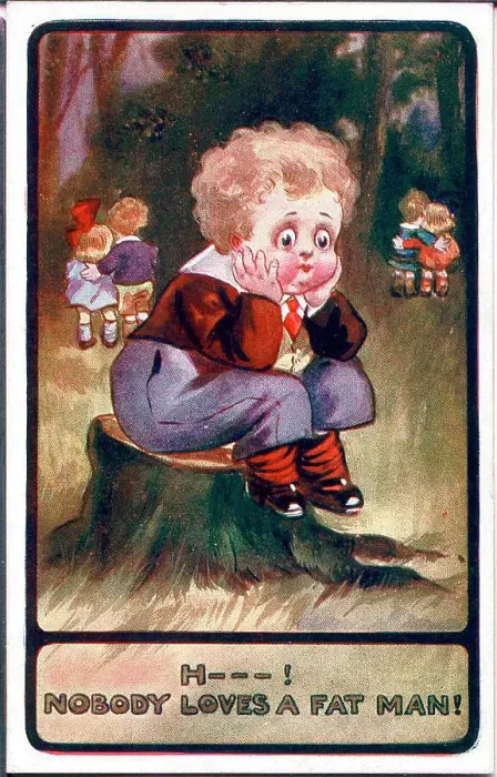 Framed Print : Comic postcard, Little boy lamenting his weight - H---! Nobody loves a fat man! Date: early 20th century Framed Print : Comic postcard, Little boy lamenting his weight - H---! Nobody loves a fat man! Date: early 20th century