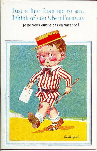 Comic postcard, Little boy with letter on the beach (in English and French) Date