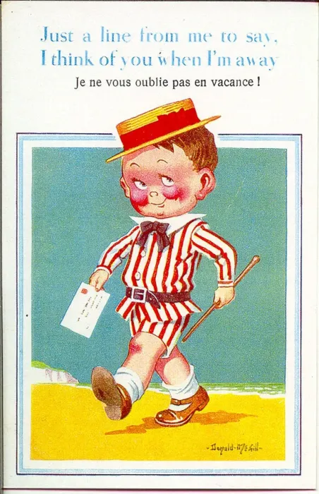 Framed Print : Comic postcard, Little boy with letter on the beach (in English and French) Date Framed Print : Comic postcard, Little boy with letter on the beach (in English and French) Date