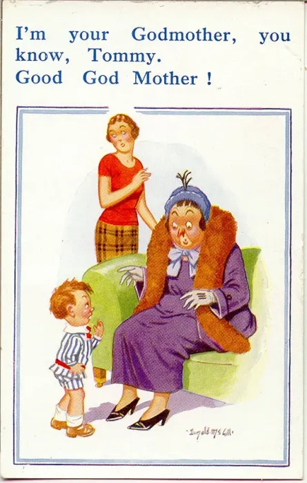 Framed Print : Comic postcard, Little boy meets his godmother Framed Print : Comic postcard, Little boy meets his godmother