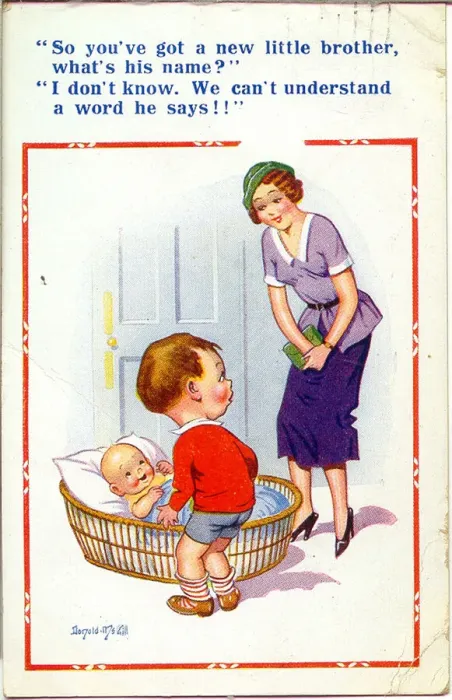 Framed Print : Comic postcard, Little boy with new baby brother Date: 20th century Framed Print : Comic postcard, Little boy with new baby brother Date: 20th century