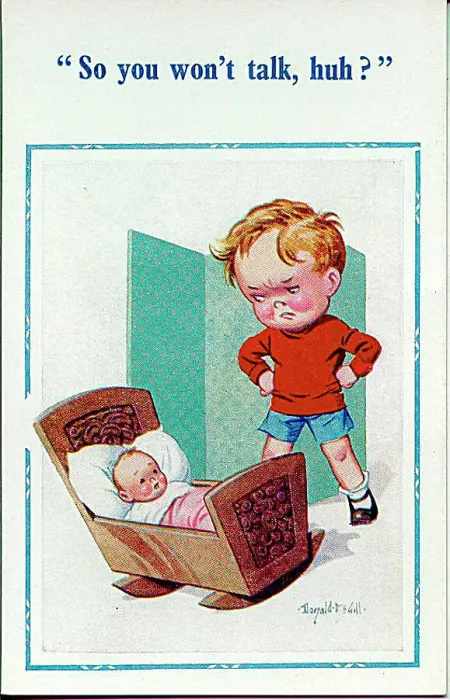 : Comic postcard, Little boy with new baby Date: 20th century : Comic postcard, Little boy with new baby Date: 20th century