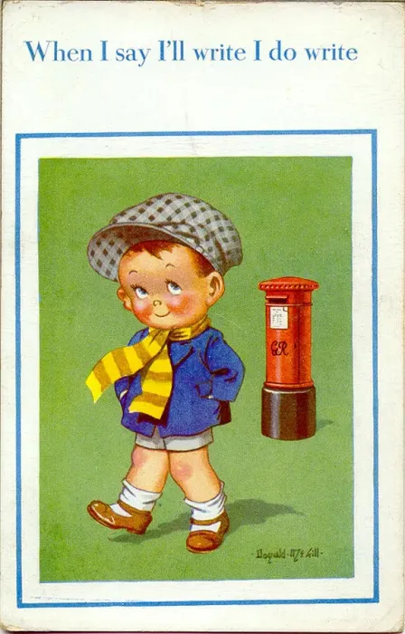 Framed Print : Comic postcard, Little boy and pillar box Date: 20th century Framed Print : Comic postcard, Little boy and pillar box Date: 20th century